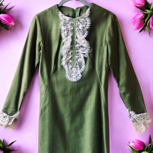 Vintage 60's Green Dress with Lace Handmade Edwardian MOD Cos Play XS XXS - Picture 4 of 16